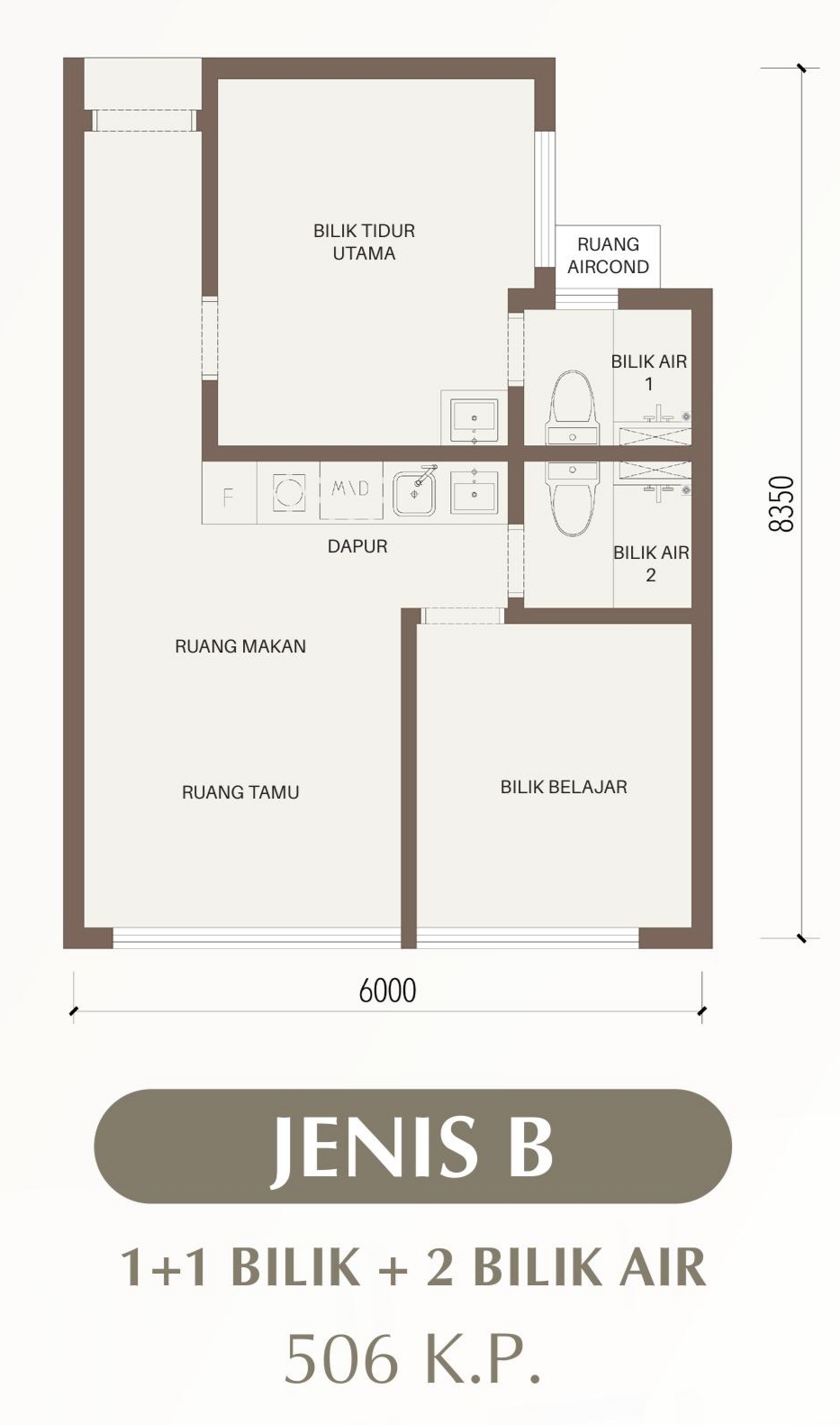 CTC SkyOne Type B floor plan — dual key, 2 bedrooms, 2 bathrooms, 506 sq ft