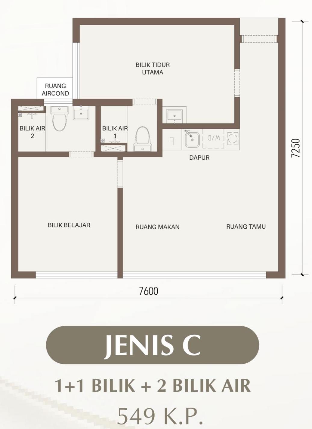 CTC SkyOne Type C floor plan — dual key, 2 bedrooms, 2 bathrooms, 549 sq ft