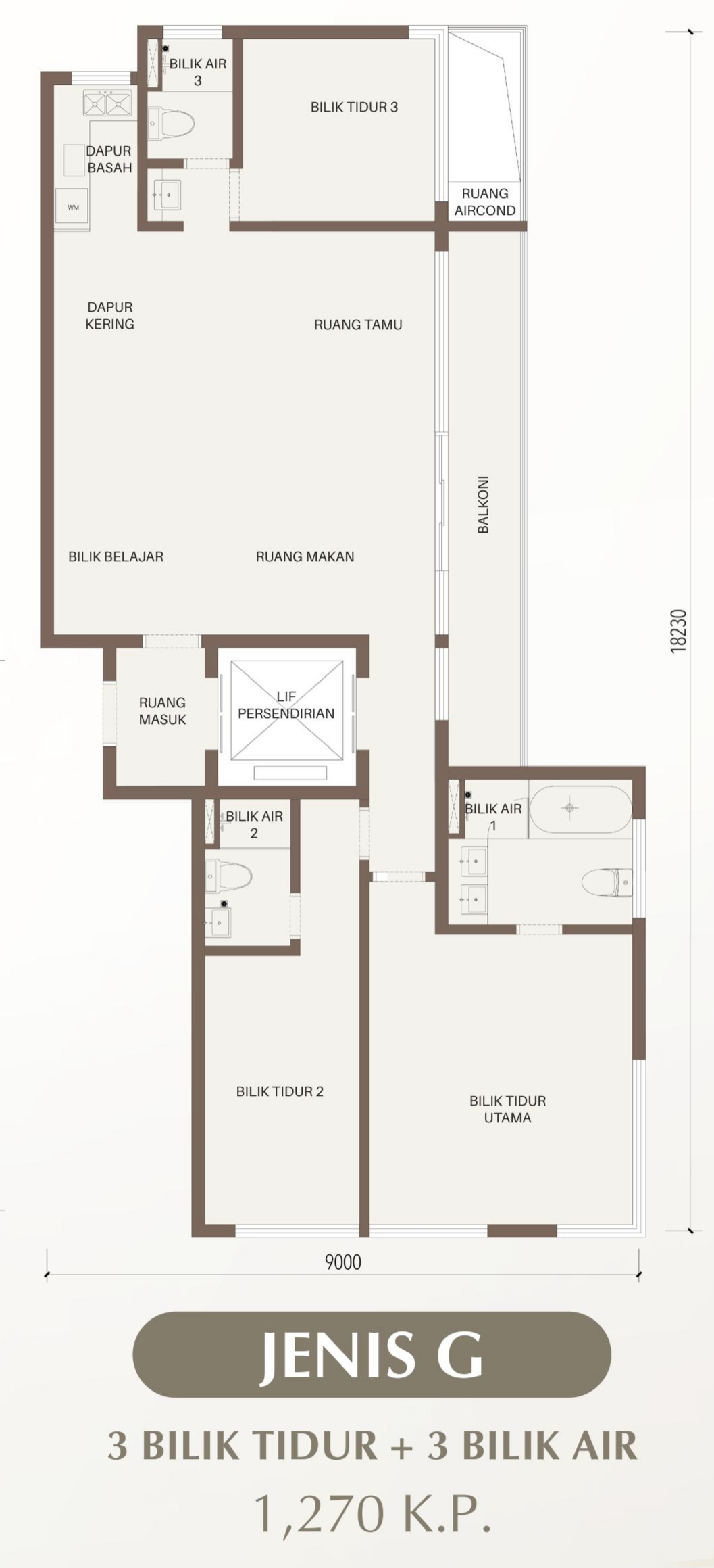 CTC SkyOne Type G floor plan — 3 bedrooms, 3 bathrooms, private lift, 1,270 sq ft