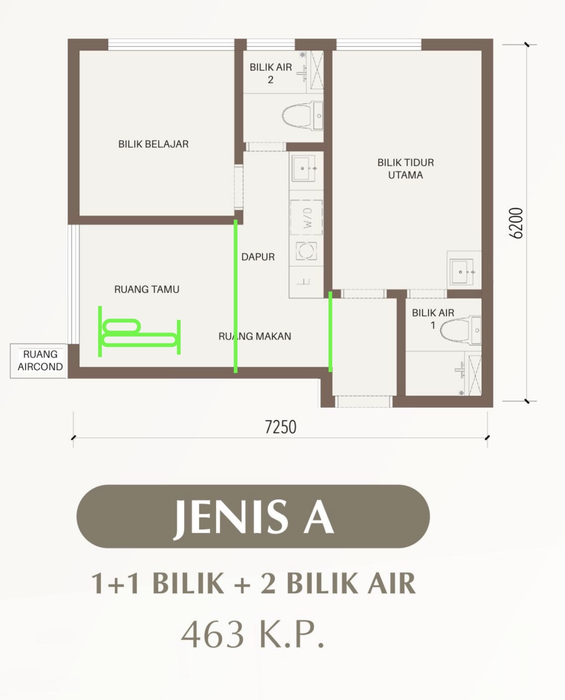 CTC SkyOne Type A floor plan — dual key, 2 bedrooms, 2 bathrooms, 463 sq ft