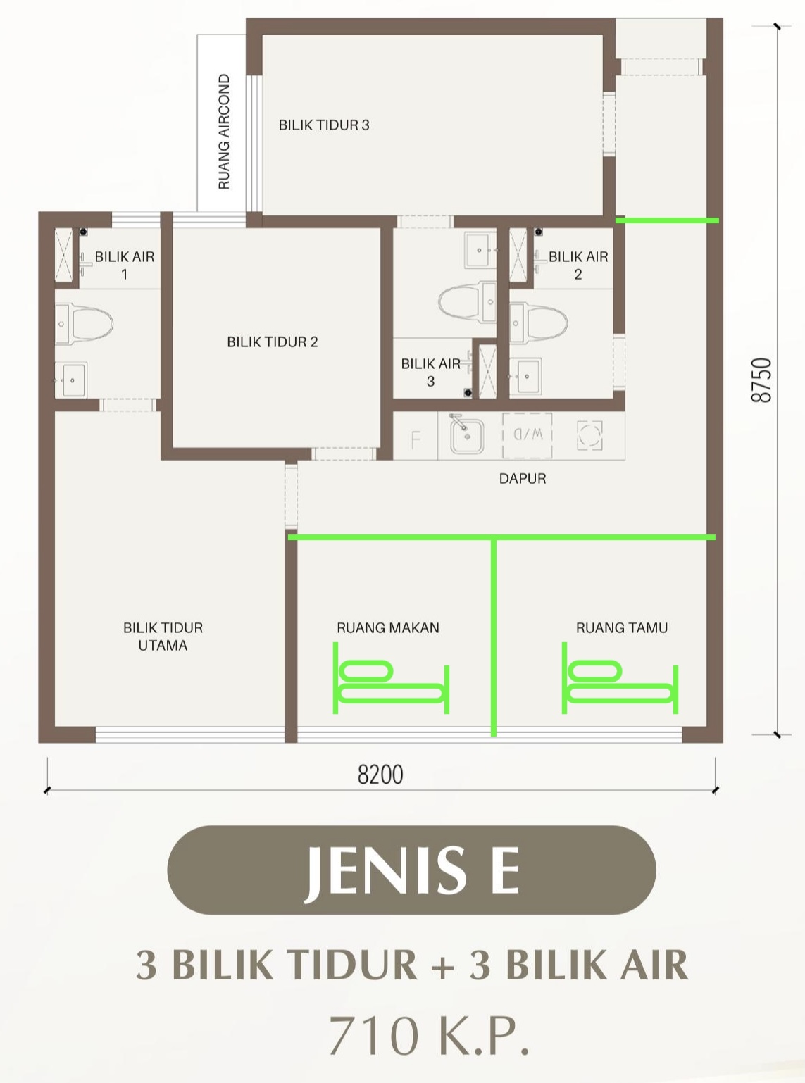 CTC SkyOne Type E floor plan — dual key, 3 bedrooms, 3 bathrooms, 710 sq ft