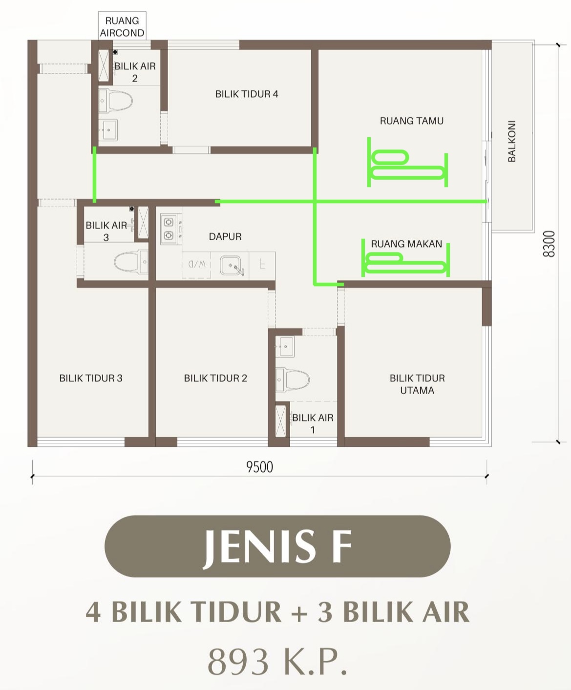 CTC SkyOne Type F floor plan — triple key, 4 bedrooms, 3 bathrooms, 893 sq ft